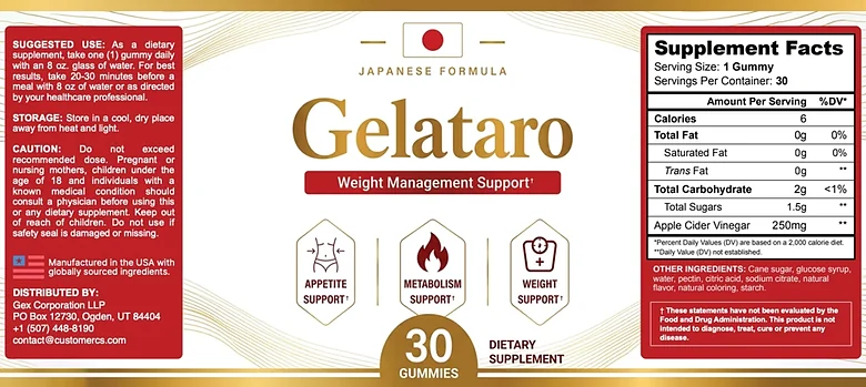 The Gelataro label, showing the Supplement Facts panel